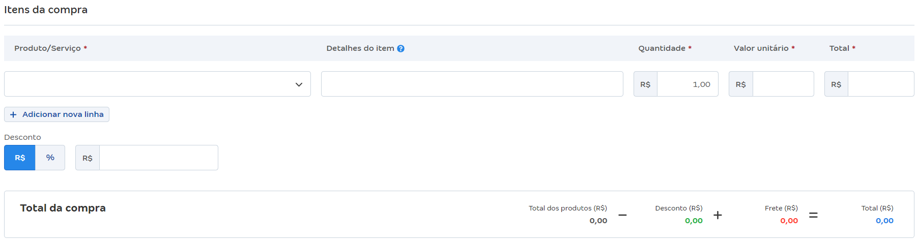 Tela de nova compra com destaque para o campo Itens da compra.