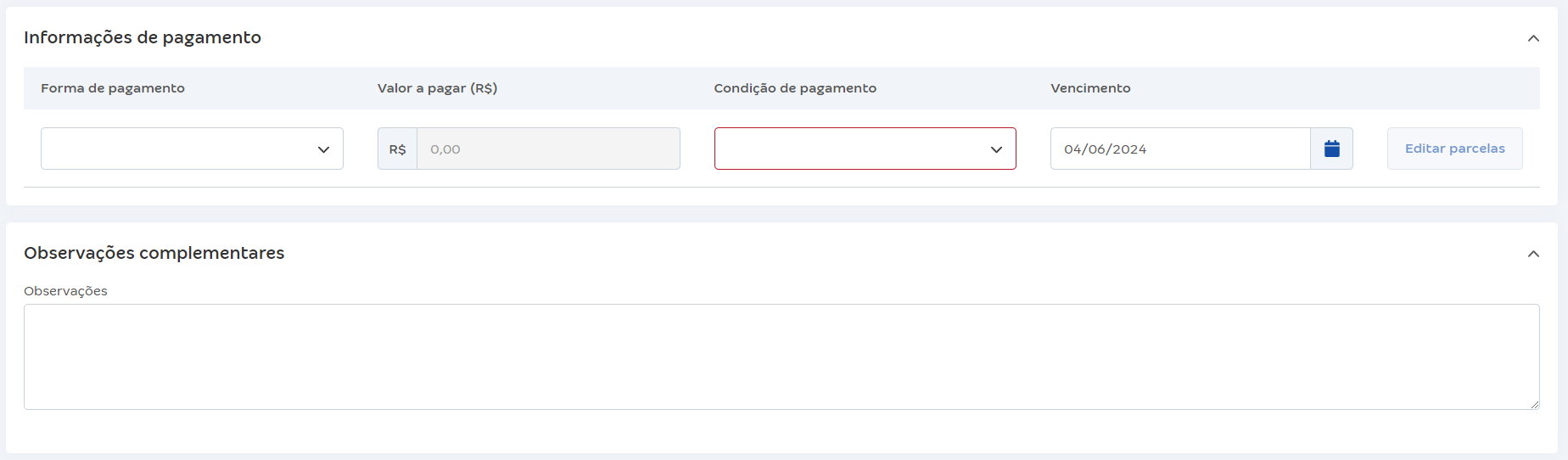 Tela de nova compra com destaque para o campo Informações de pagamento.