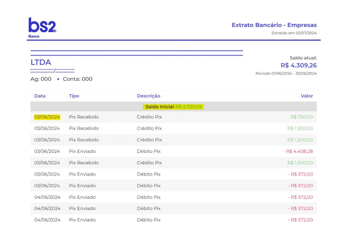 Imagem do extrato bancário BS2 em PDF com destaque para os campos data e saldo inicial.