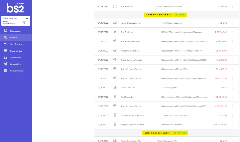 Extrato bancário BS2 online com destaque para o campo saldo dia.