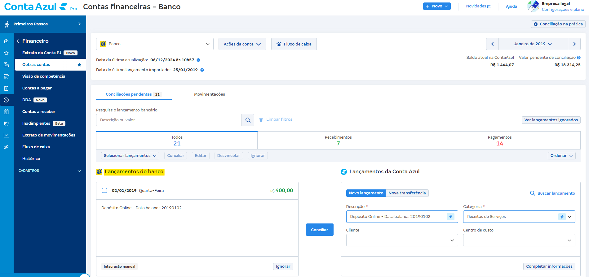 Tela de Conciliações pendentes com destaque para a Coluna Lançamentos do Banco.