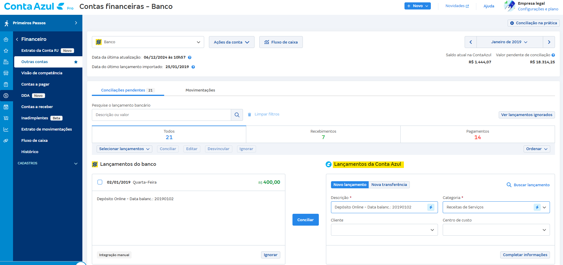 Tela de Conciliações pendentes com destaque para a Coluna Lançamentos da Conta Azul.