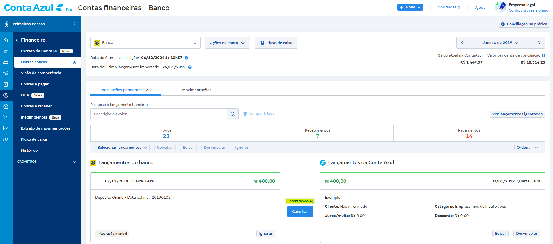Tela de Conciliações pendentes com destaque para a etiqueta Encontramos.
