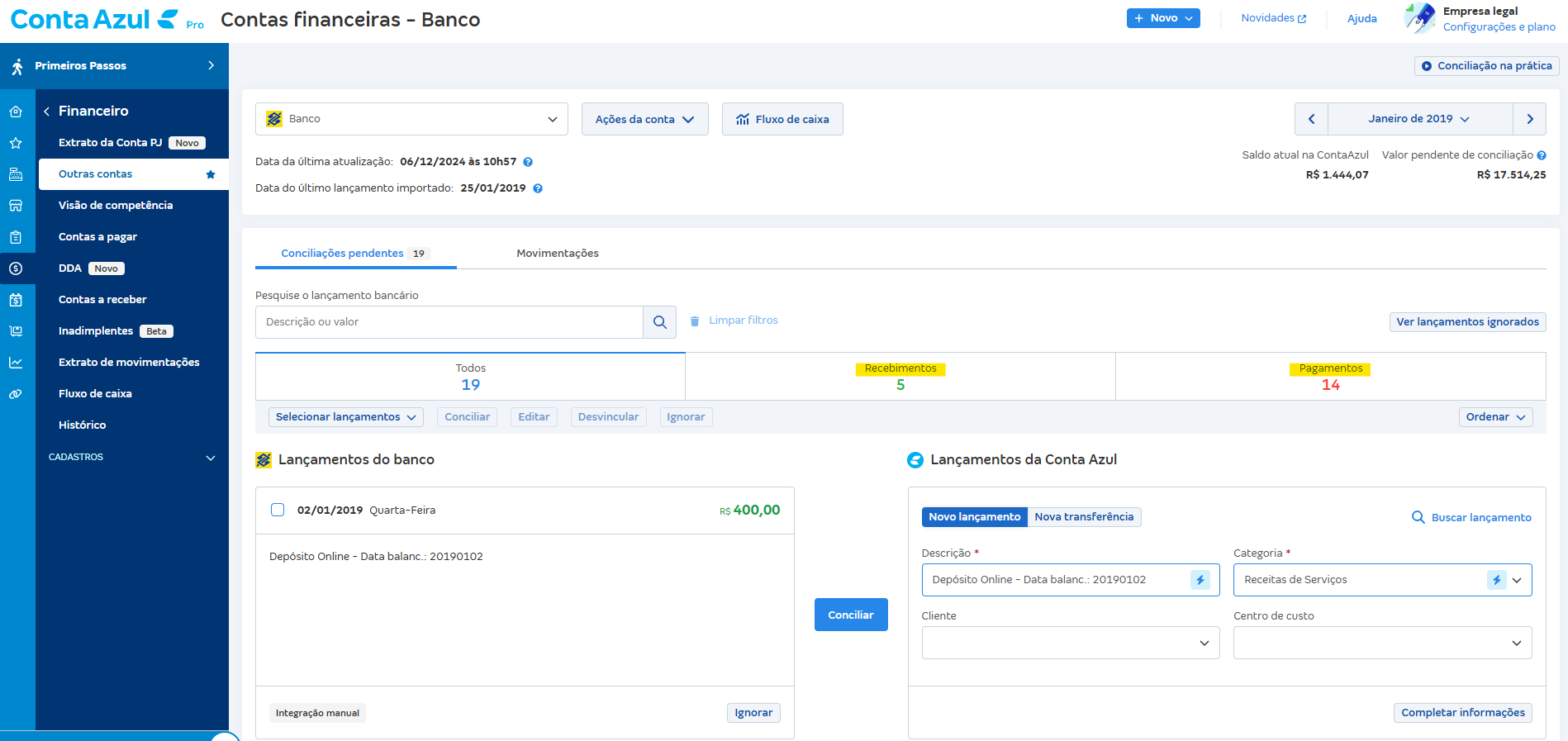 Tela de Conciliações pendentes com destaque para os campos Recebimentos e Pagamentos.