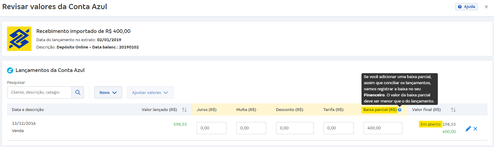Tela de Revisar valores com destaque para os campos Baixa parcial (R$) e Em aberto.
