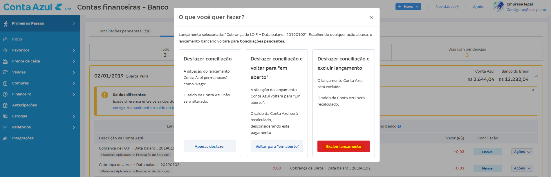 Tela de Desfazer conciliação com destaque para o botão Excluir lançamento.