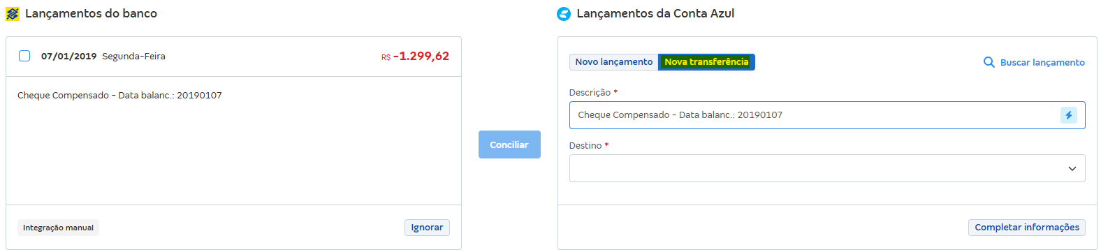 Tela de Conciliações pendentes com destaque para o botão Nova transferência.