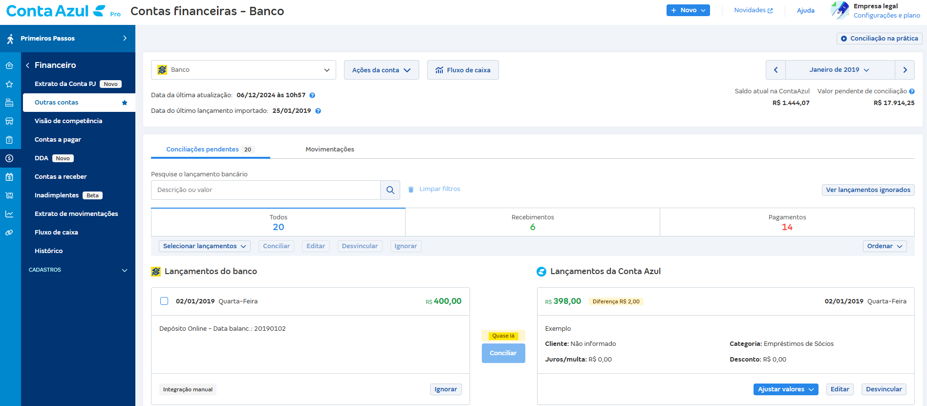 Tela de Conciliações pendentes com destaque para a etiqueta Quase lá.
