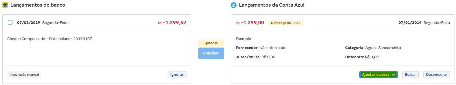 Tela de Conciliações pendentes com destaque para o botão Ajustar valores.