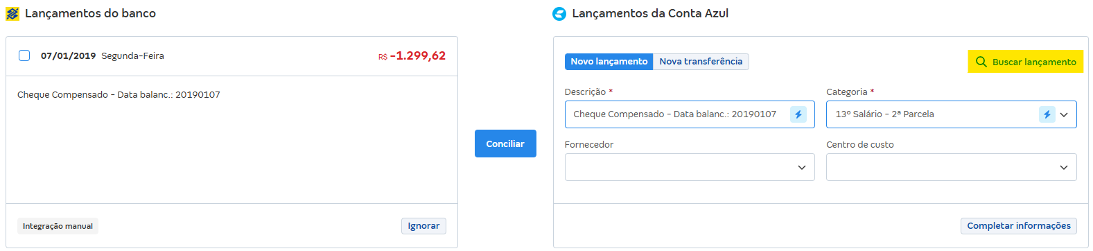 Tela de Conciliações pendentes com destaque para o botão Buscar lançamento.