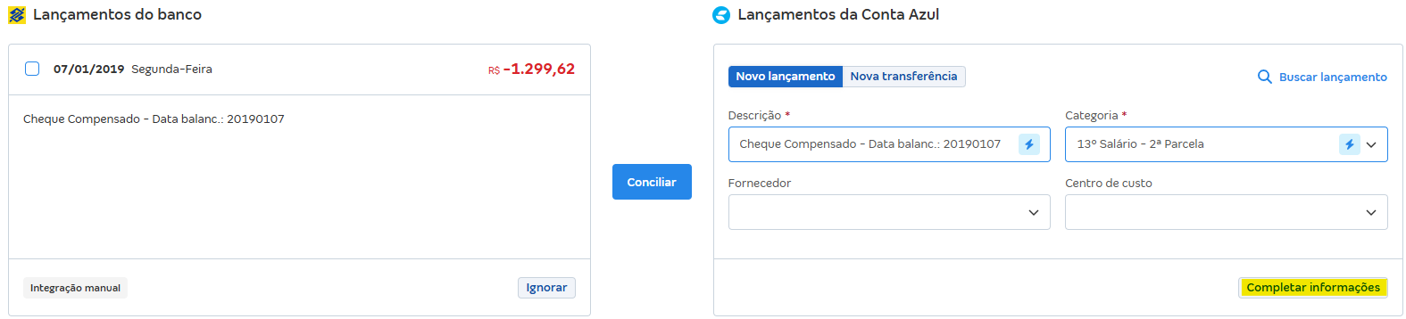 Tela de Conciliações pendentes com destaque para o botão Completar informações.