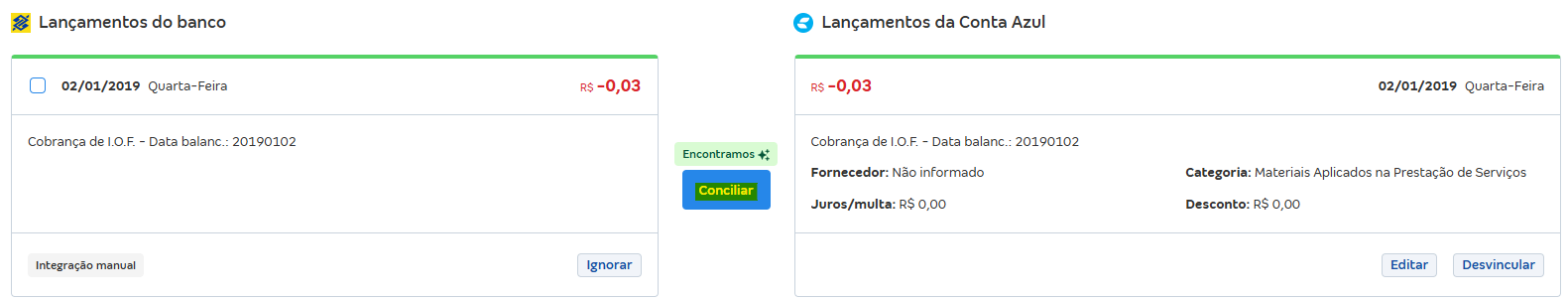 Tela de Conciliações pendentes com destaque para o botão Conciliar.