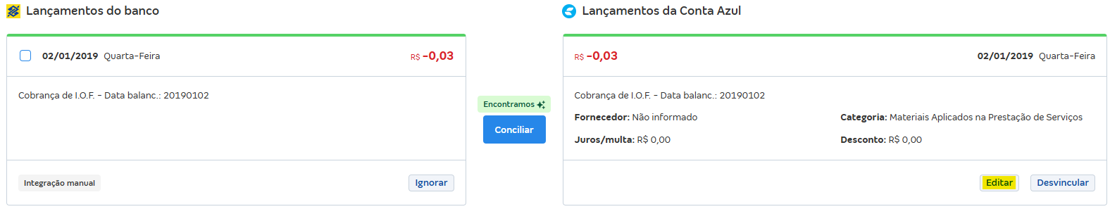 Tela de Conciliações pendentes com destaque para o botão Editar.