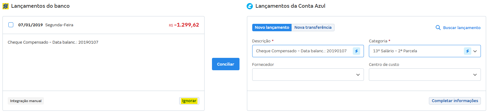 Tela de Conciliações pendentes com destaque para o botão Ignorar.