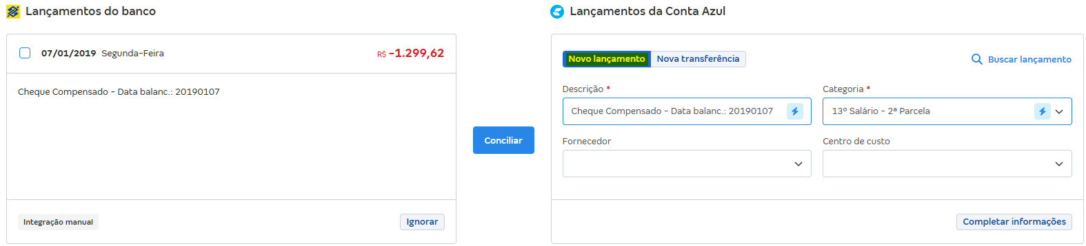 Tela de Conciliações pendentes com destaque para o botão Novo lançamento.