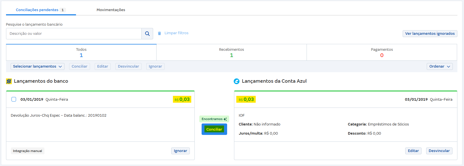 Tela de conciliações pendentes com destaque para lançamentos sugeridos.