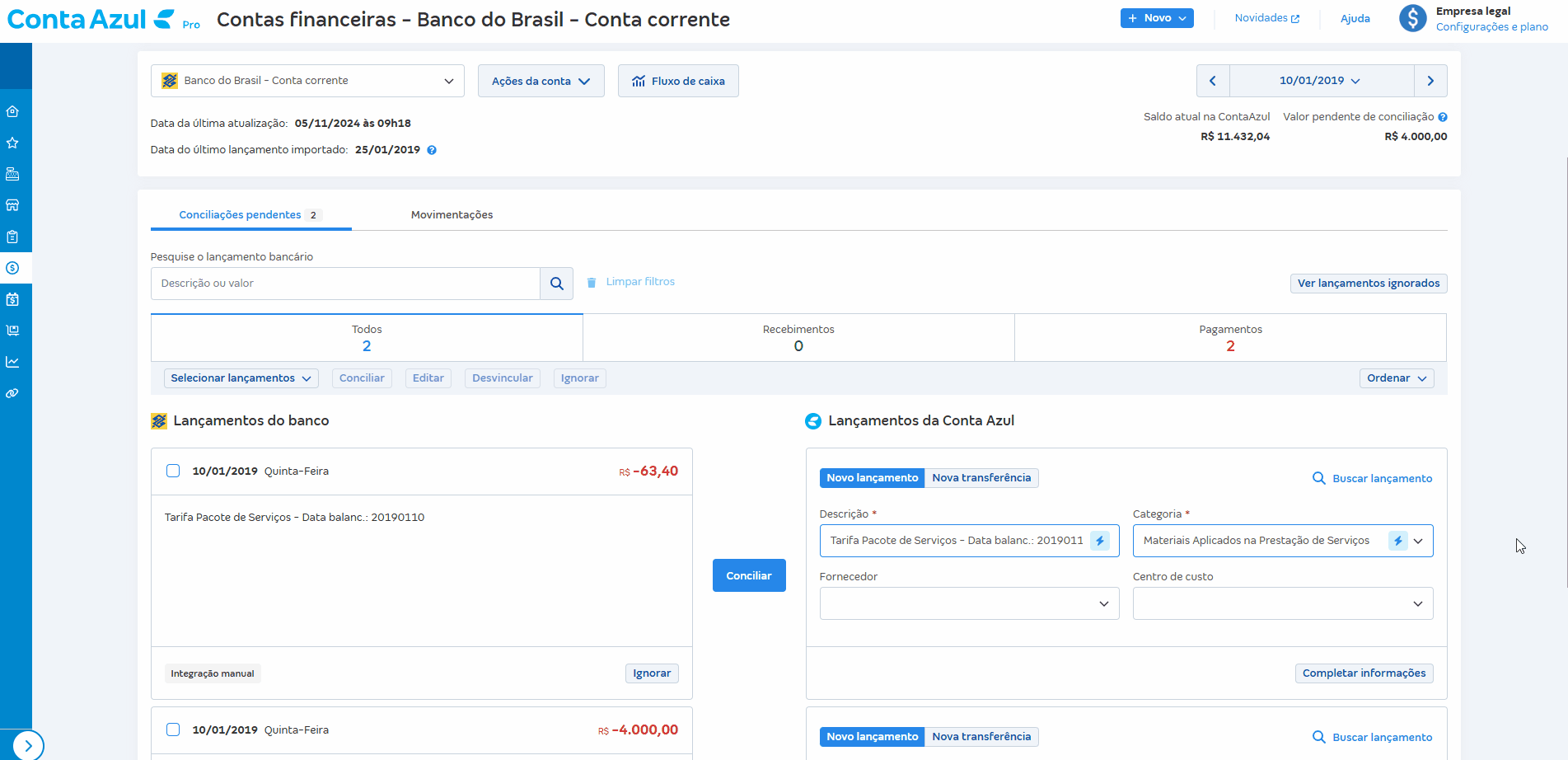Passo a passo para criar novo lançamento na conciliação.