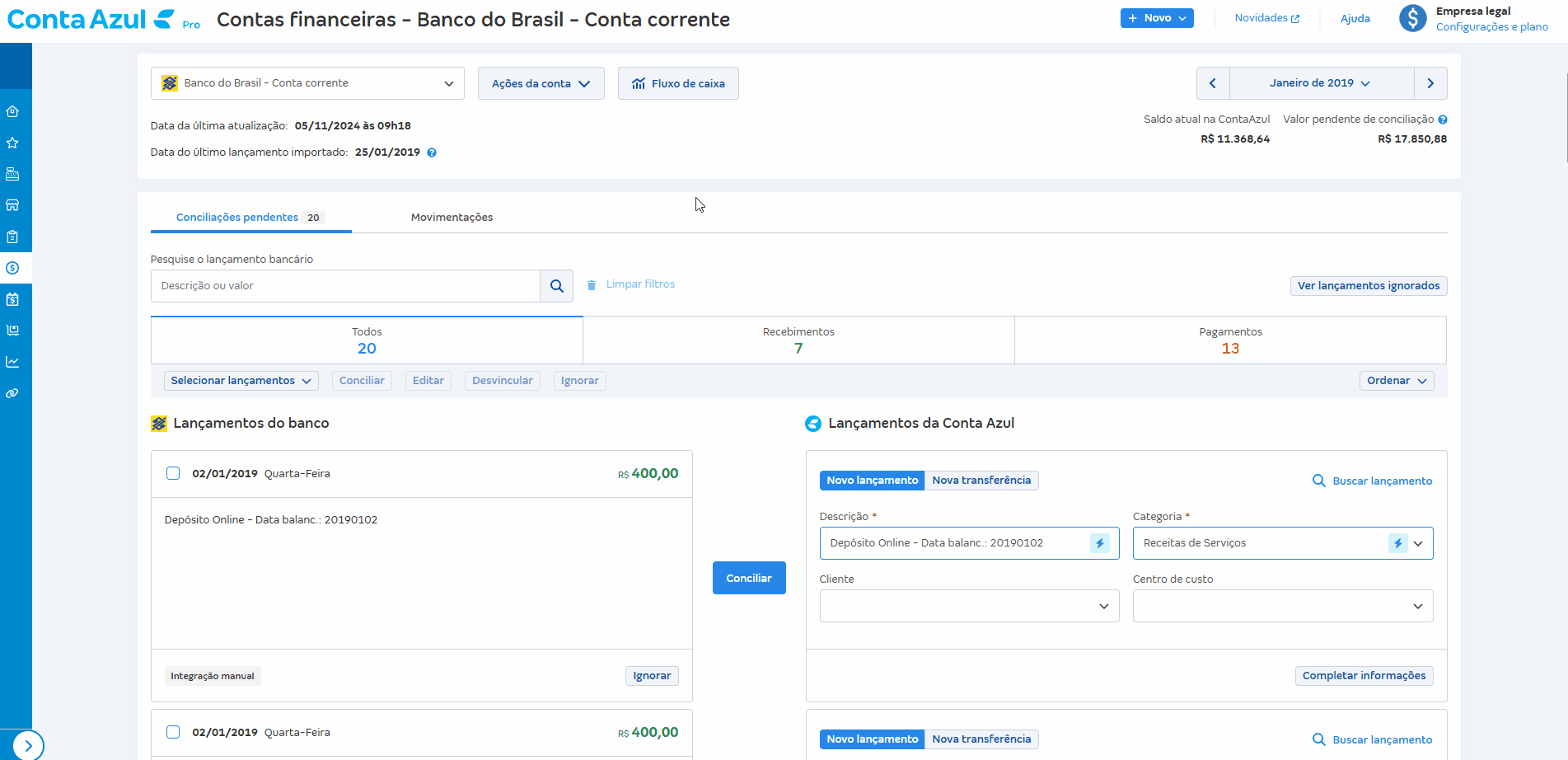 Passo a passo mudar de conta financeira na tela de conciliações pendentes.
