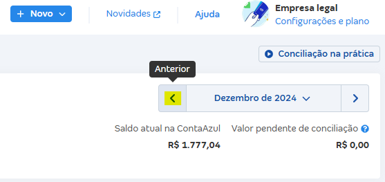 Tela de filtro por período com destaque para o botão de voltar ao período anterior.
