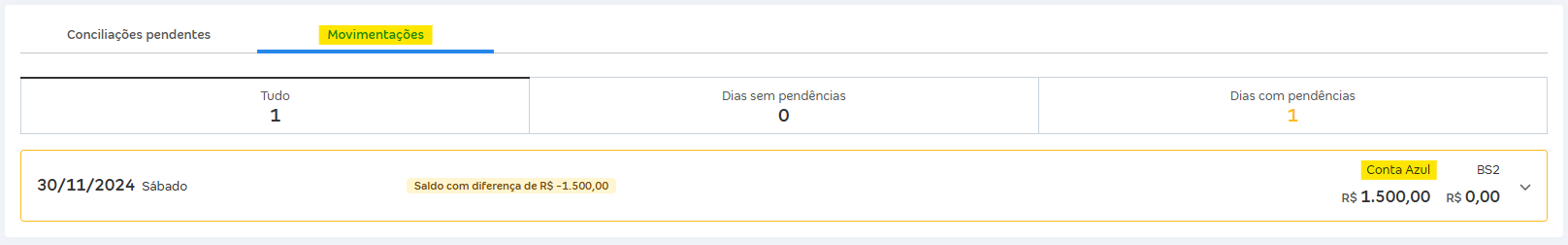 Tela de Movimentações com destaque para a coluna Conta Azul.