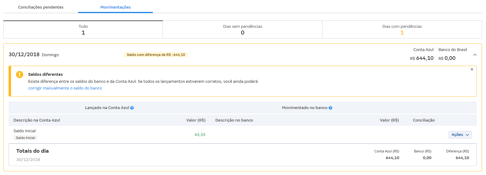 Tela de Movimentações com destaque para a mensagem Saldo com diferença de R$.
