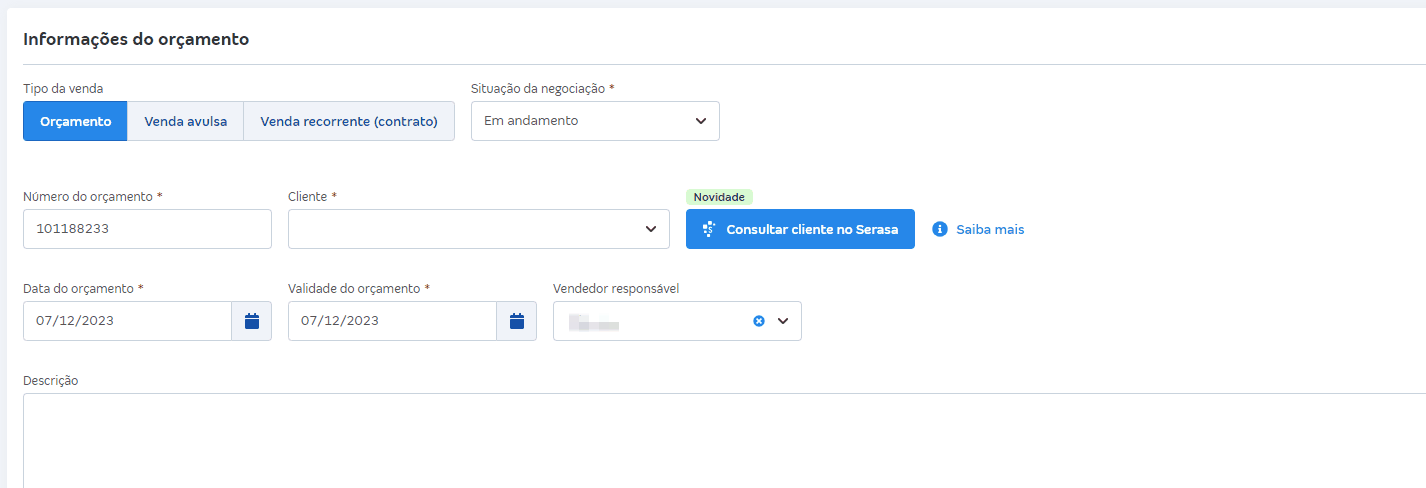 Passo a passo para realizar uma consulta Serasa pelo menu Vendas e orçamentos.