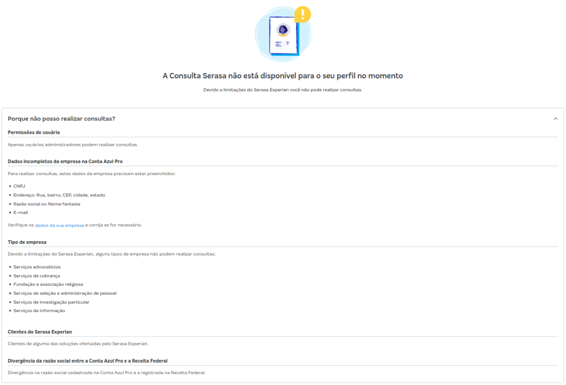 Tela com detalhamento dos motivos pelos quais não pode acessar as consultas Serasa realizadas.
