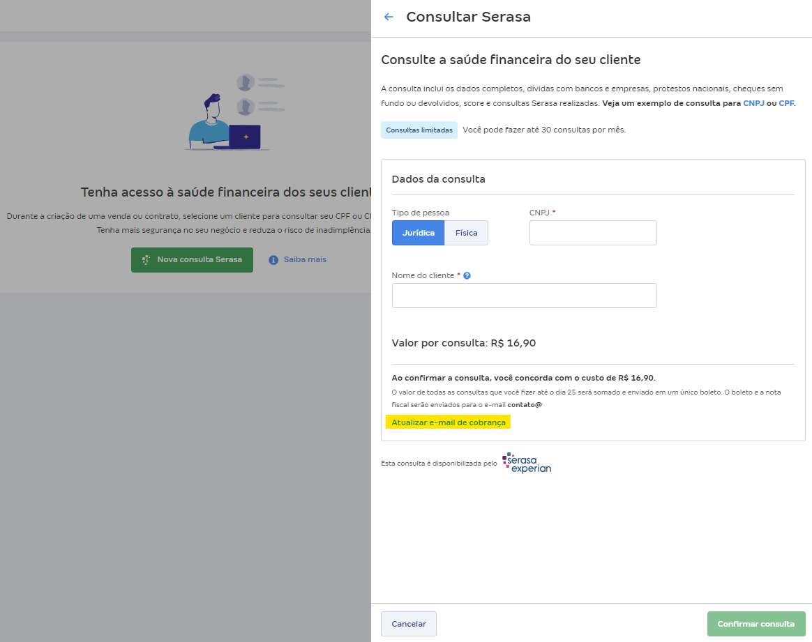 Tela de consulta Serasa com destaque para o campo Atualizar e-mail de cobrança.