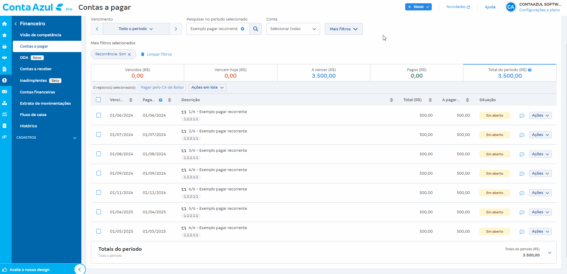Passo a passo para excluir recorrências em uma conta a pagar.