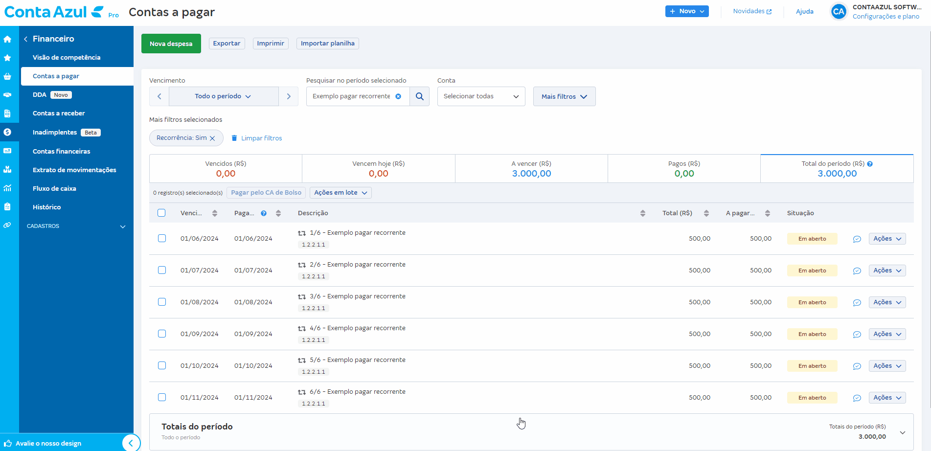 Passo a passo para criar mais recorrências em uma conta a pagar.