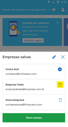 Tela do Conta Azul de Bolso com destaque para as Empresas salvas e o ícone de lixeira.