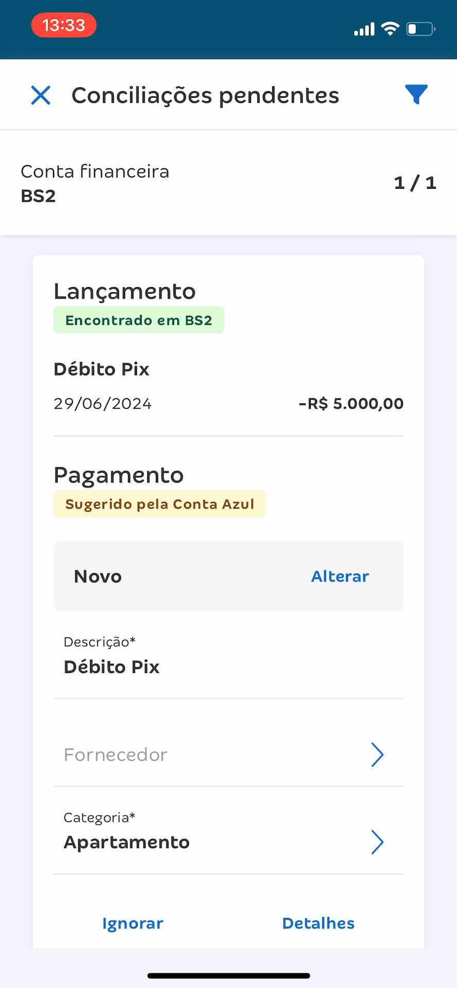 Conciliações pendentes no app mostrando até 40 itens.