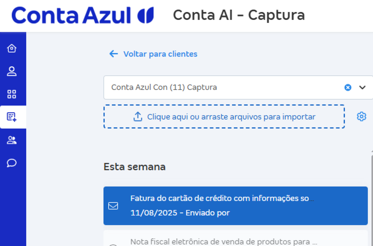 Tela informando ícone de e-mail na Conta AI Captura