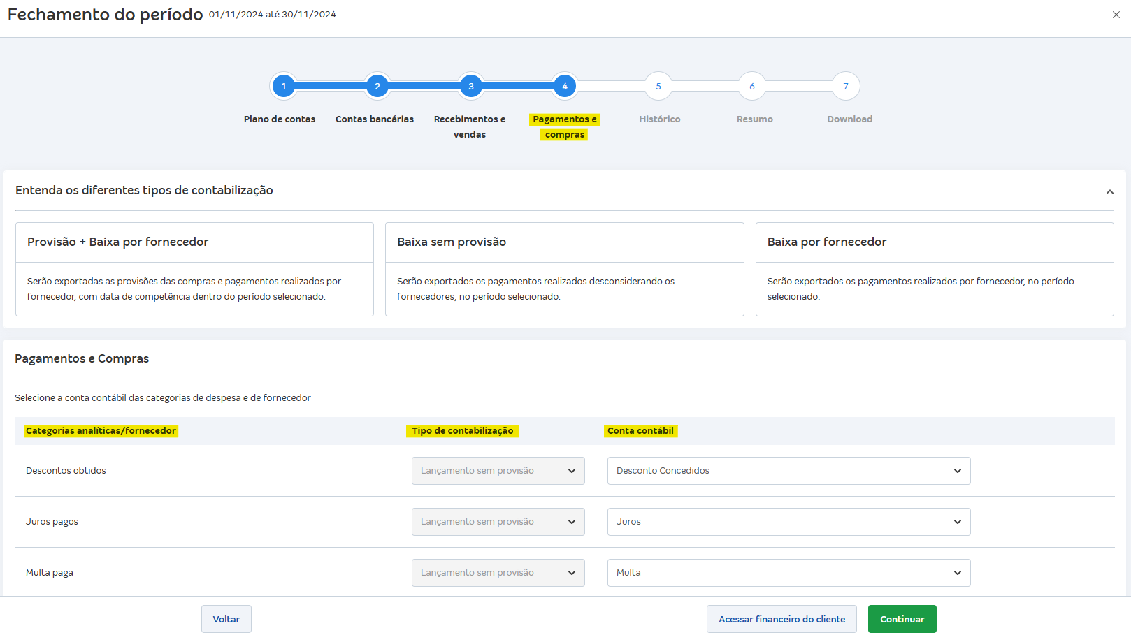 Tela de fechamento do período com os campos categorias analíticas/fornecedor, tipo de contabilização e conta contábil.