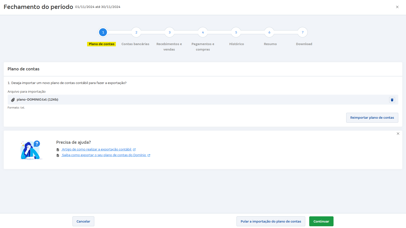 Tela de fechamento do período com destaque para a etapa Plano de contas.