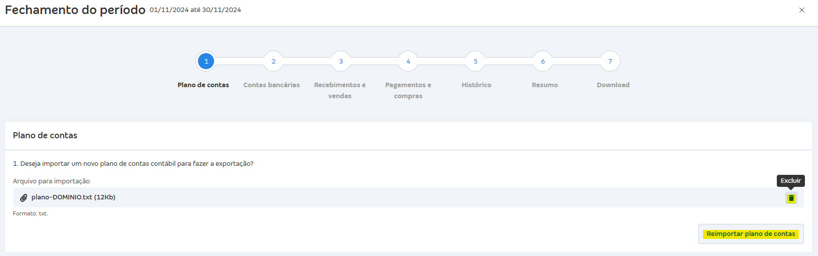 Tela de fechamento do período com destaque para os botões Excluir e Reimportar plano de contas.