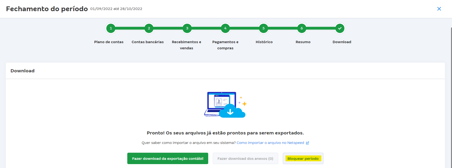Tela de download da exportação contábil com destaque para o botão Bloquear período.
