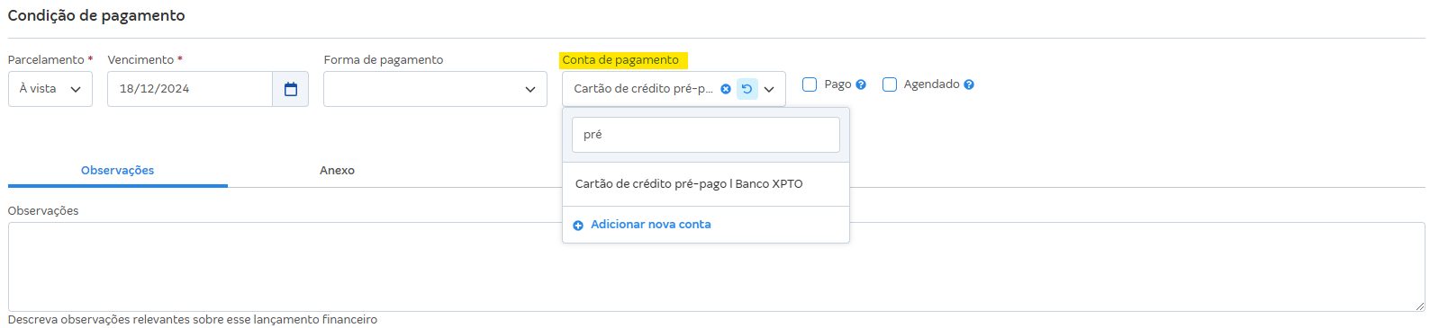 Tela de lançamento de despesa com destaque para o campo Conta de pagamento.