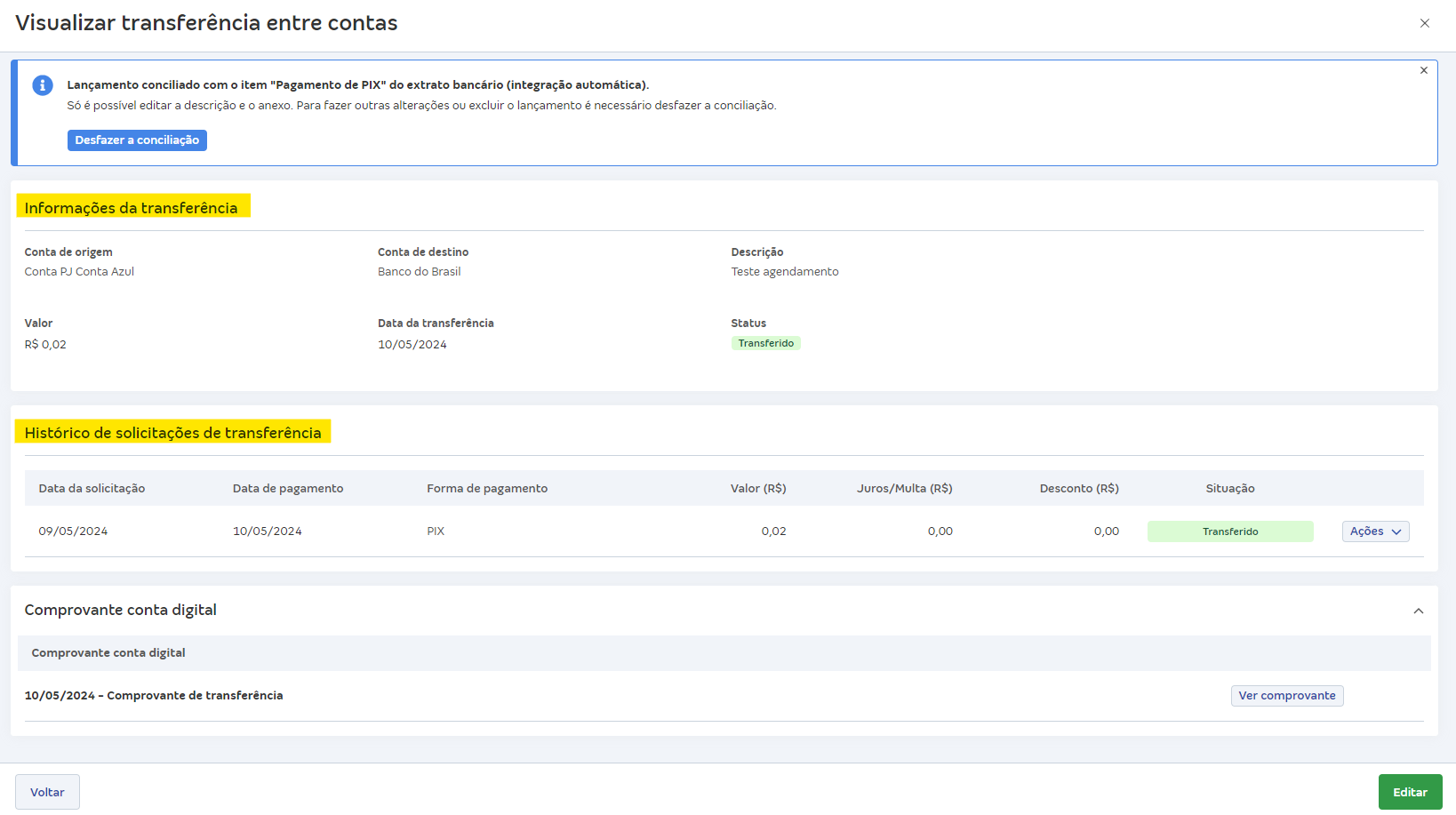 Tela do lançamento da transferência entre contas com destaque para os campos Status e Situação.