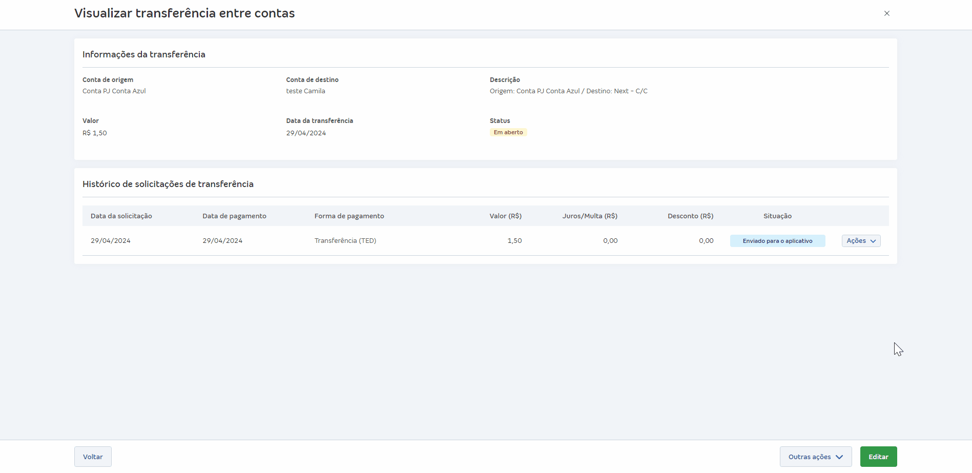 Passo a passo para Ver histórico da solicitação de transferência.