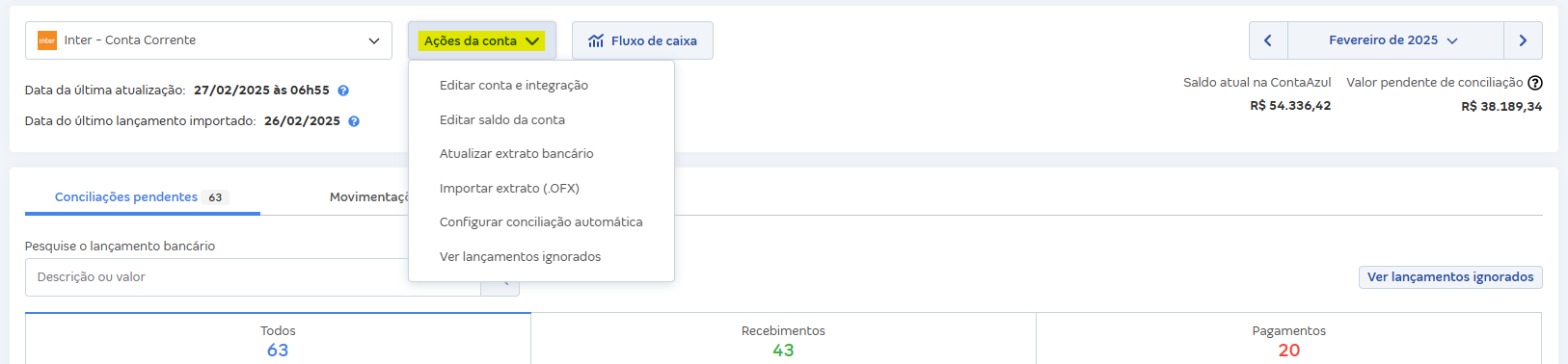Tela de contas financeiras - botão Ações da conta