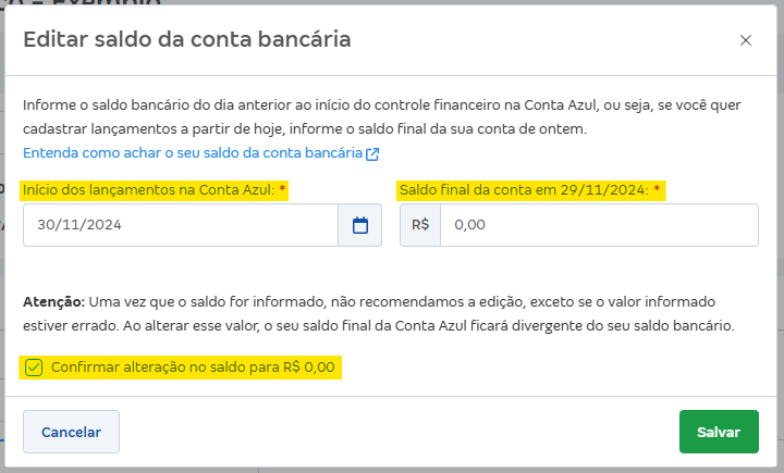 Tela de Editar saldo da conta com destaque para os campos Início dos lançamentos na Conta Azul e Saldo final da conta em.