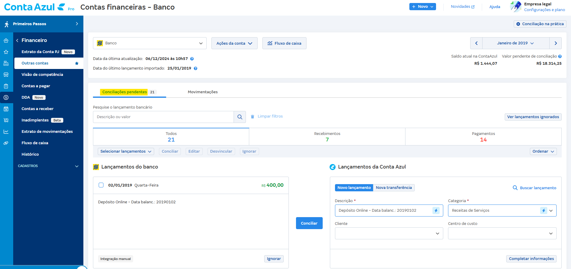 Tela de Conciliações pendentes.