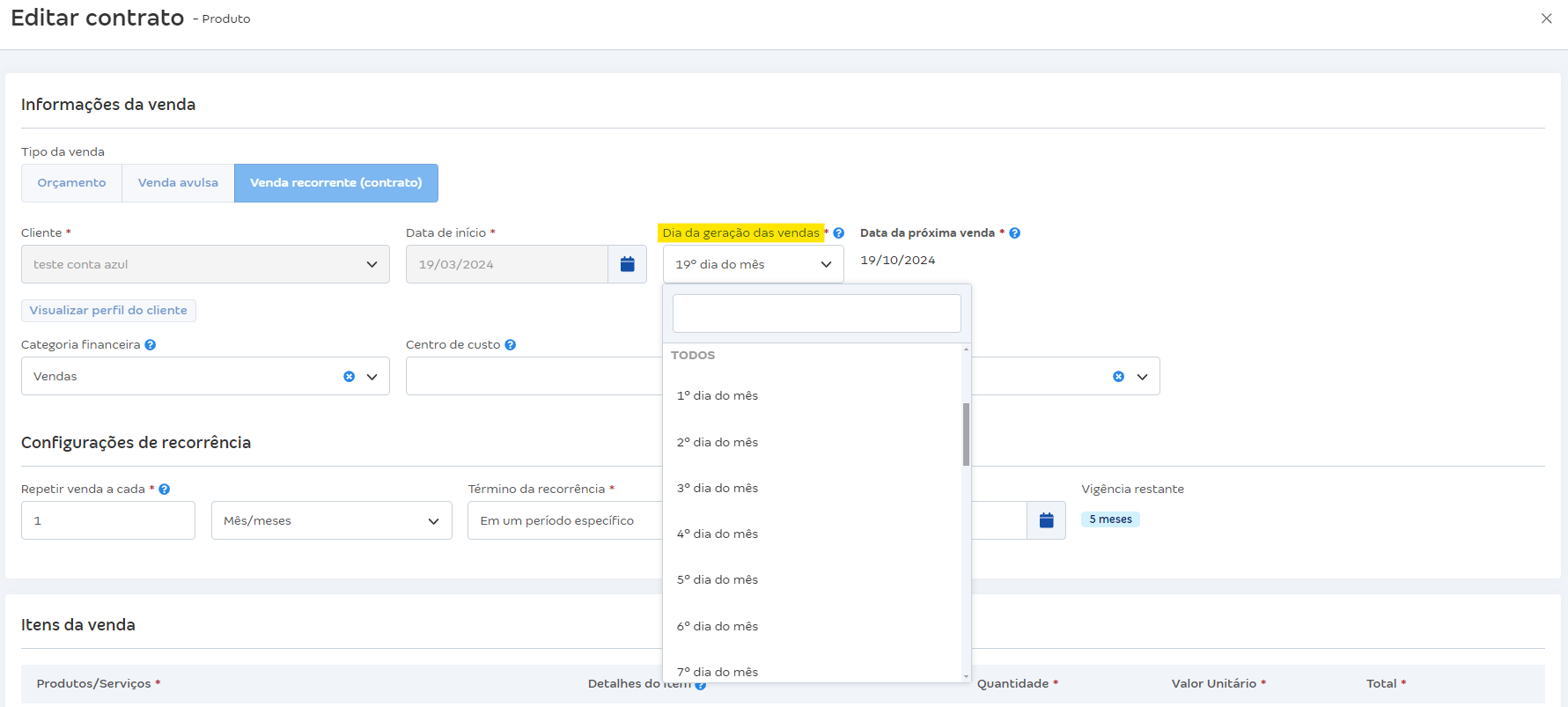 Tela de edição do contrato com destaque para o campo Dia da geração das vendas.