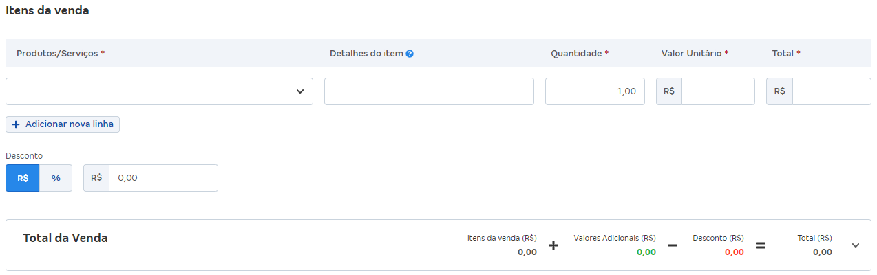Tela de Itens da venda do contrato.