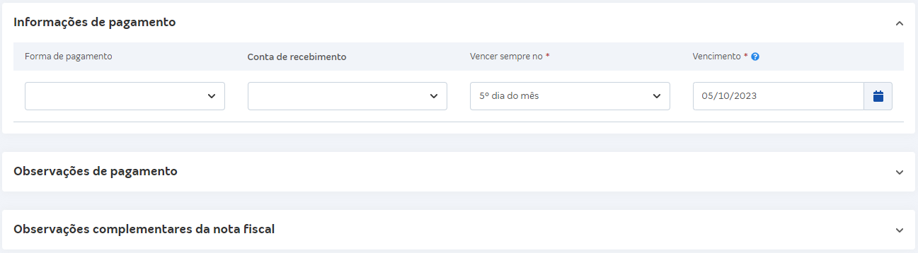 Tela de Informações de pagamento do contrato.