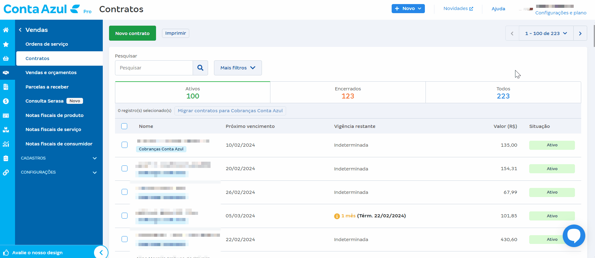 Tela de consulta do Envio da venda do contrato.