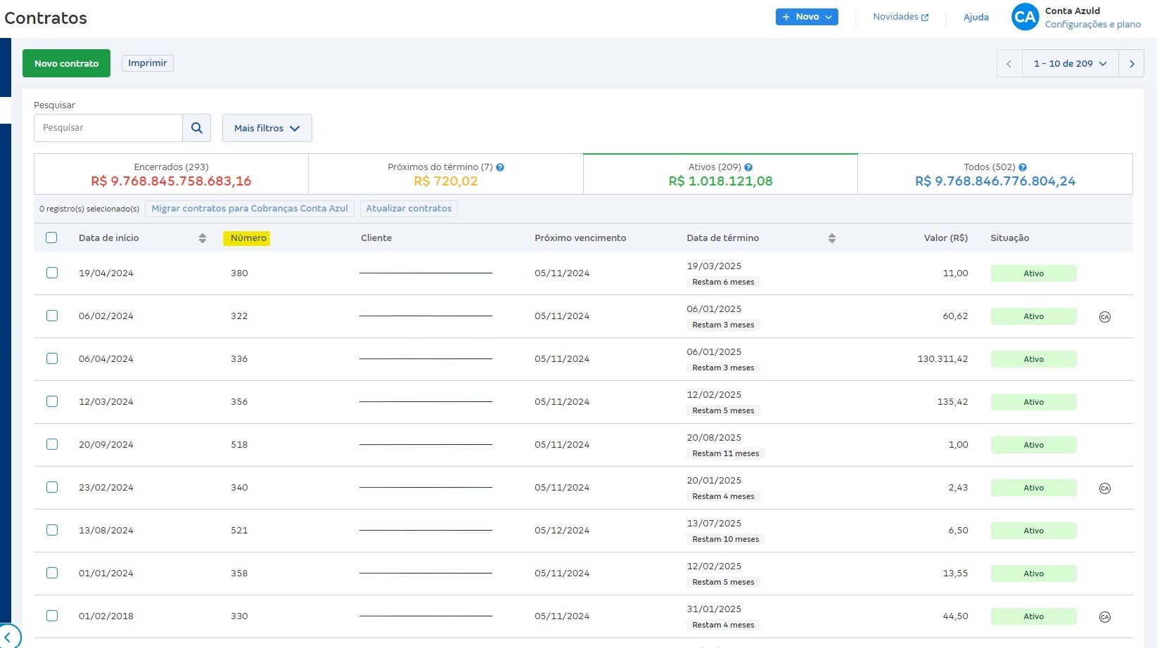 Tela de lista de contrato com destaque para a coluna Número..jpg