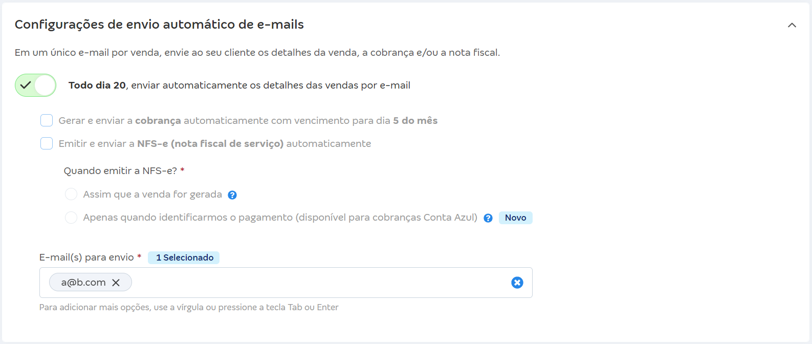 Tela de Configurações de envio automático de e-mails do contrato.