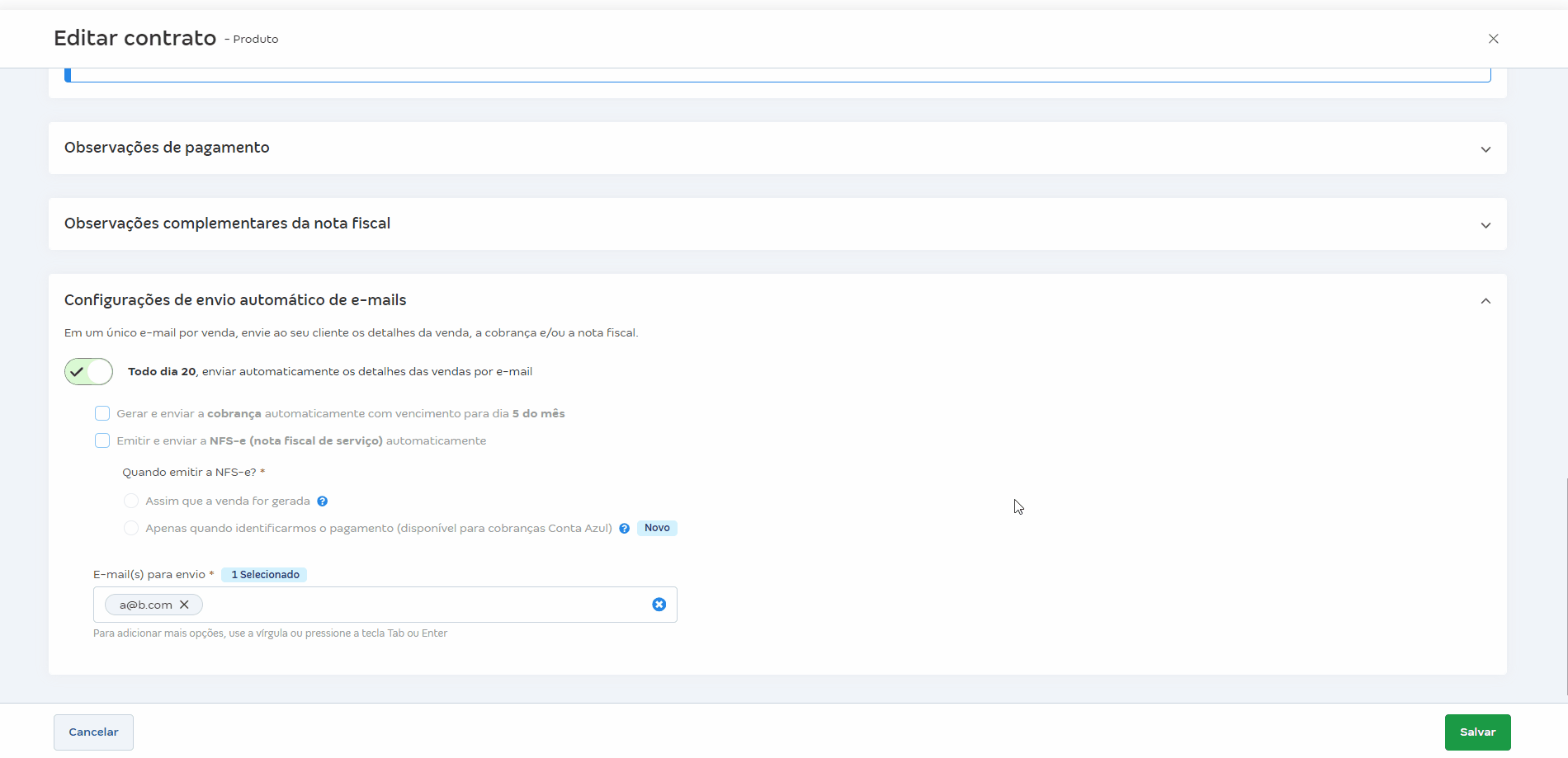 Passo a passo de como cancelar o envio automático do contrato.